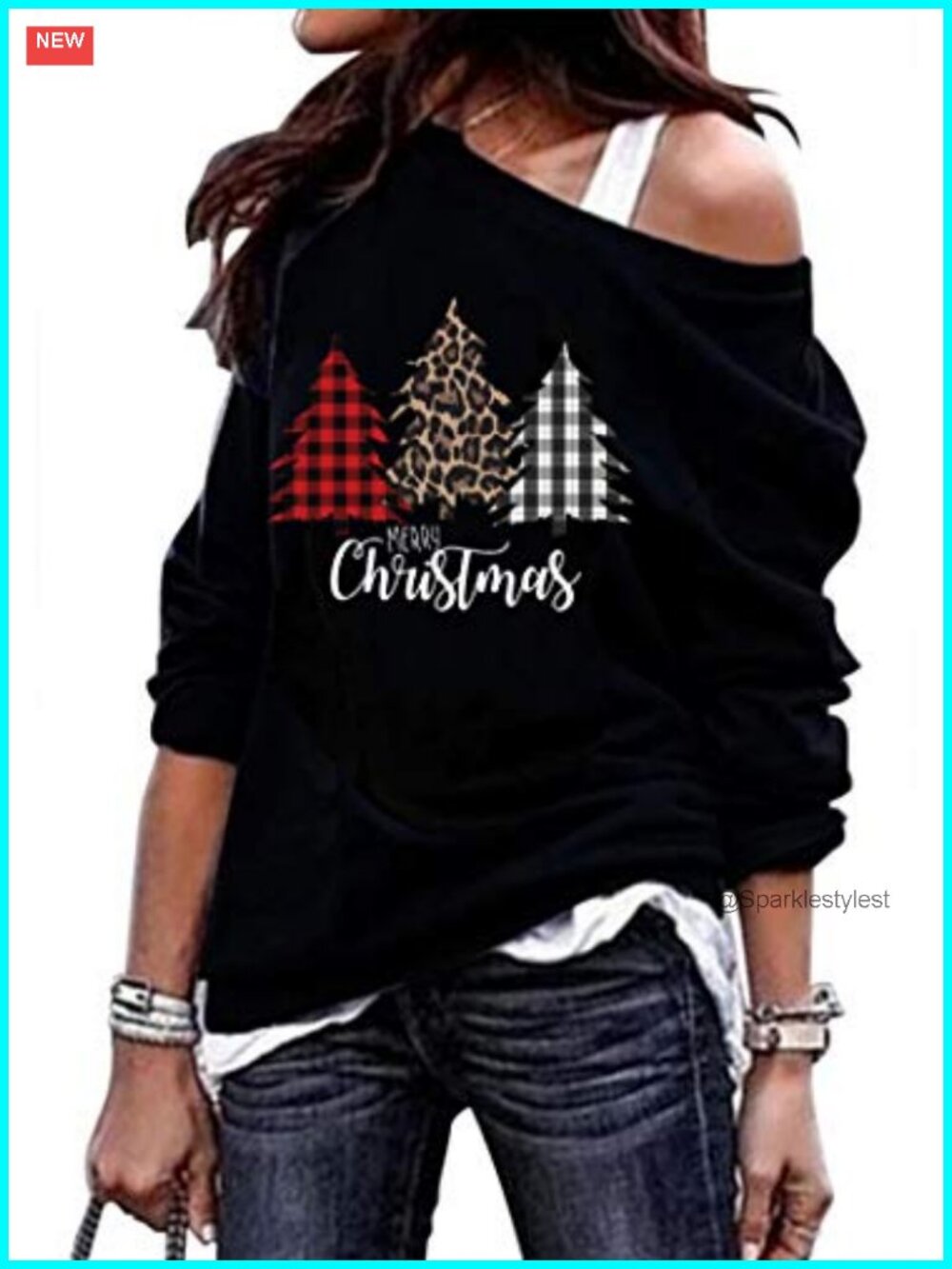 Women's Off Shoulder Sweatshirt Plaid Christmas Tree Pullover
